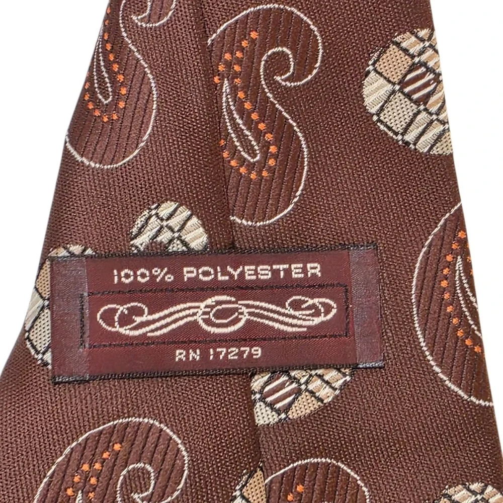Vintage Wembley Tie Brown Paisley Polyester 70s Geometric Retro Mens Necktie